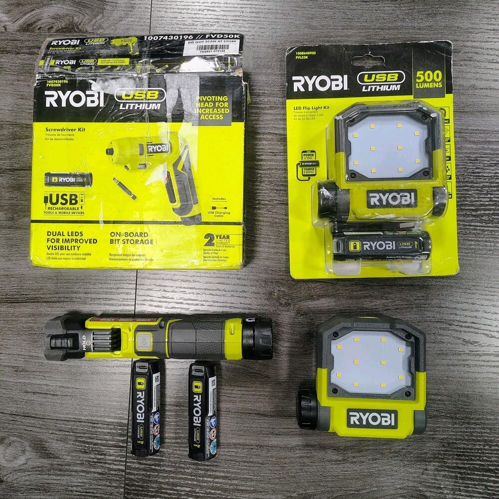 Ryobi USB Lithium Lot - 2 Lights, Screwdriver And Flashlight Kit 3 Batteries